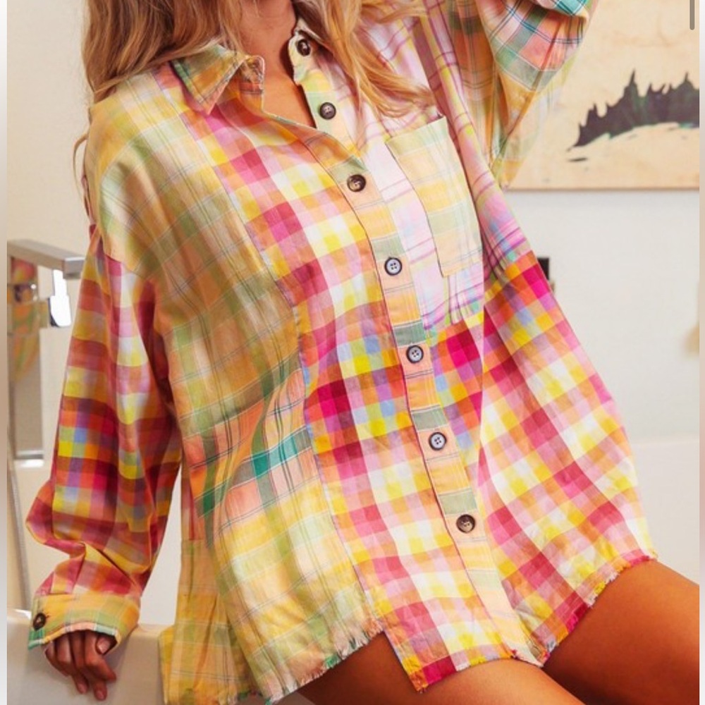 New Trendy Boho Multi Plaid Vintage Washed Distressed Hem Button Down Shirt